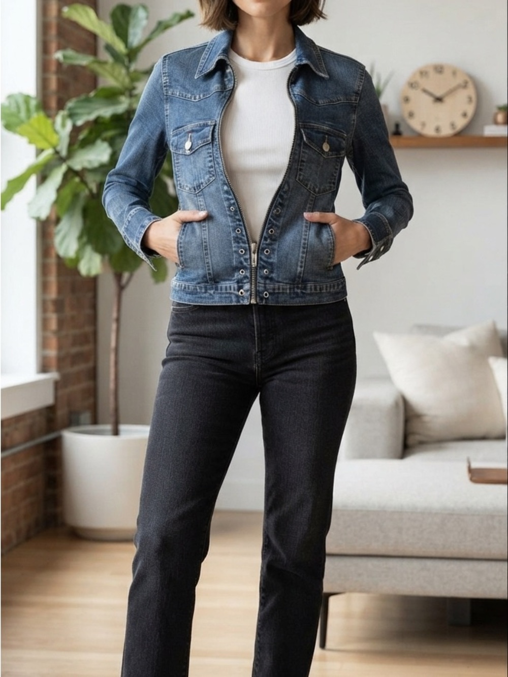 Denim Jean Jacket - Dark Blue Zip Front